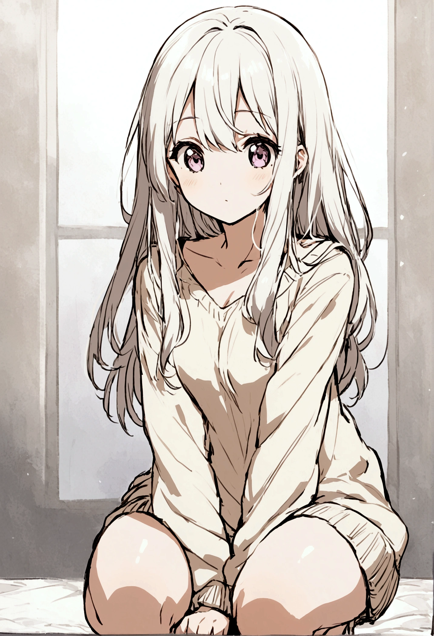 anime girl with waist length hair wearing a large sweater down to her knees