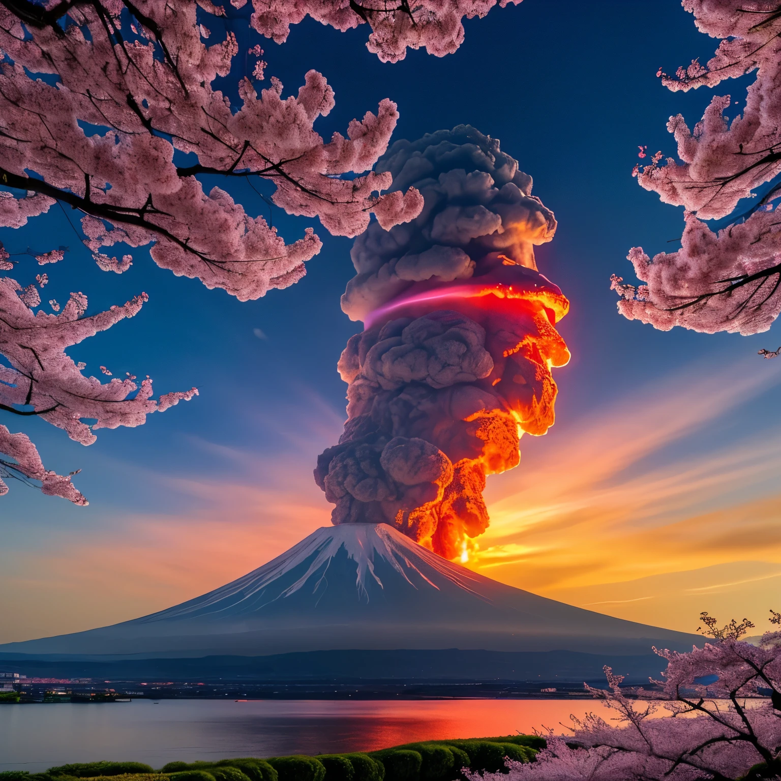 Japanese cherry blossoms , Fairytale landscape, sunset, flowers, vivid picture, The volcano is smoking, eruption , the Dragon, синий the Dragon, the Dragon летит в небе