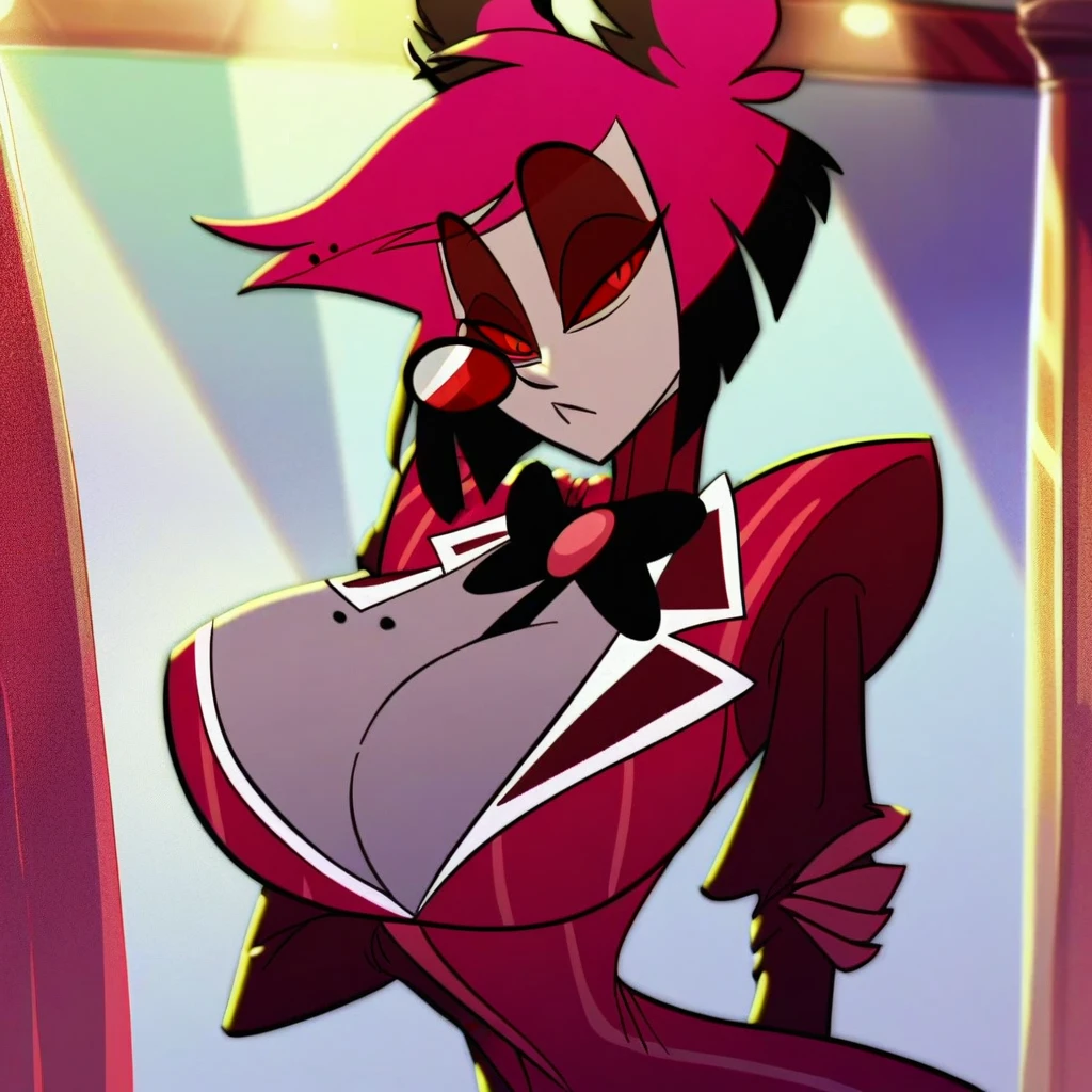 alastor, solo, 1girl, standing, (huge breasts:1.5), grey skin, red suit, monocle, BREAK score_9, score_8_up, score_7_up, score_6_up, score_5_up, score_4_up, score_3_up, score_2_up, score_1_up, screencap, (((lighting on body)))