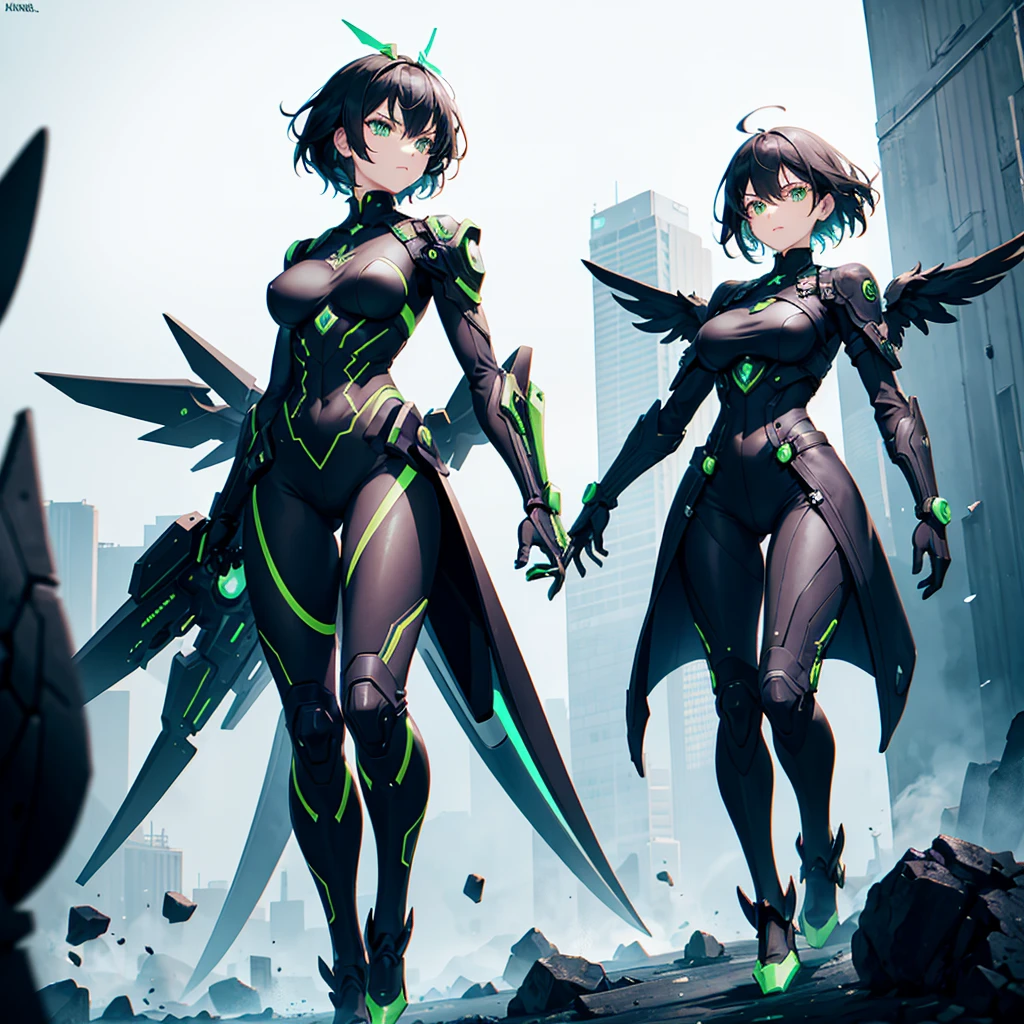 Black and green atomic machina girl, large fists, short black hair, mechanical wings