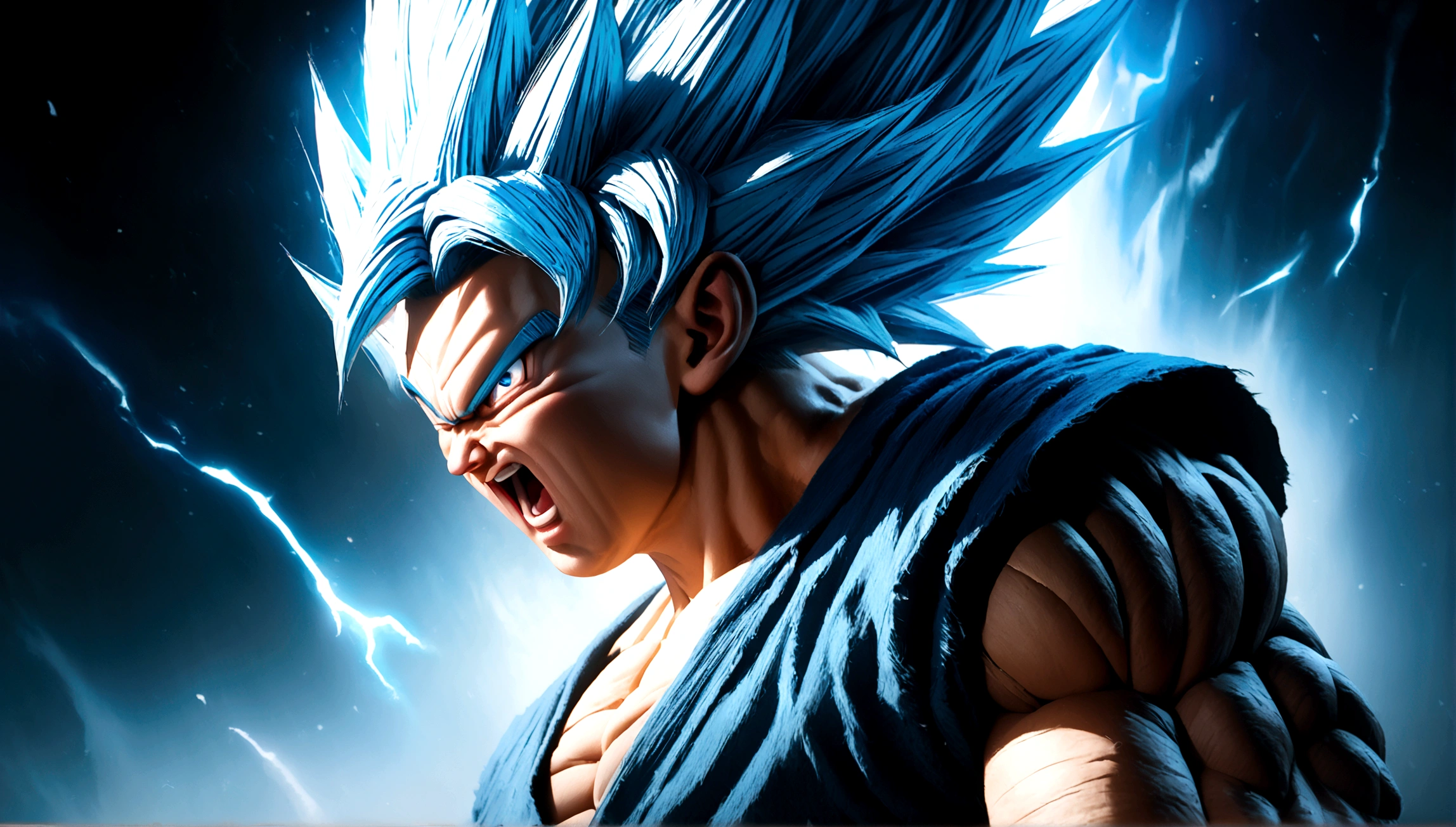 a highly detailed digital illustration of goku in super saiyan blue form, angry expression, muscular build, dynamic pose, glowing aura, dramatic lighting, cinematic composition, hyper realistic, 8k, photo-realistic, masterpiece, cinematic lighting