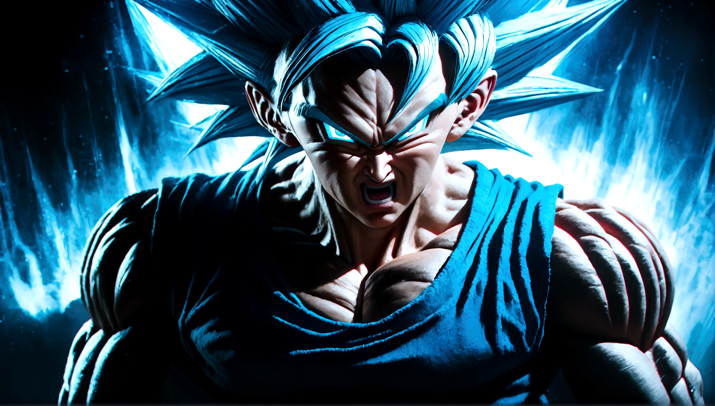 a highly detailed digital illustration of goku in super saiyan blue form, angry expression, muscular build, dynamic pose, glowing aura, dramatic lighting, cinematic composition, hyper realistic, 8k, photo-realistic, masterpiece, cinematic lighting