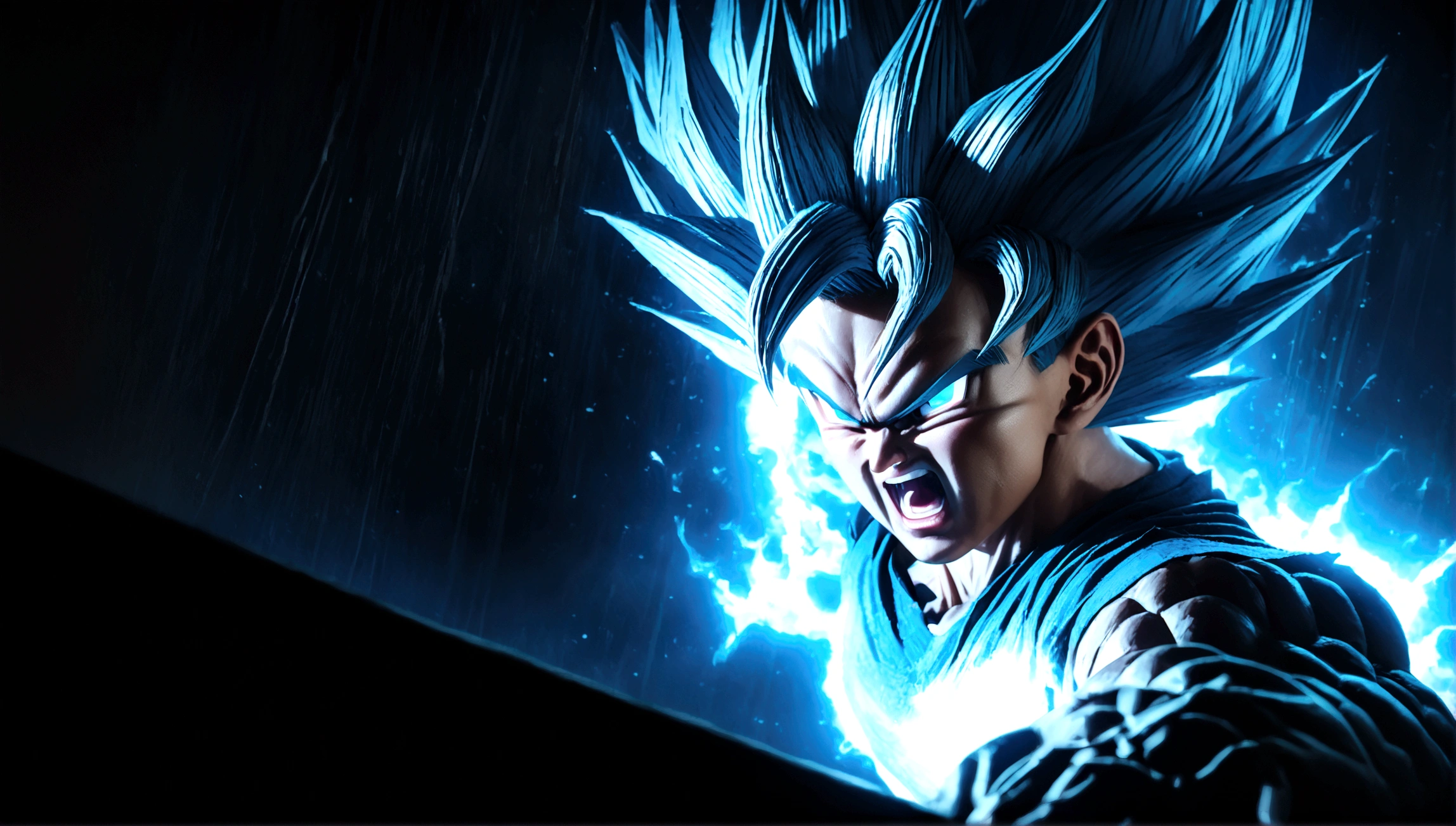 a highly detailed digital illustration of goku in super saiyan blue form, angry expression, muscular build, dynamic pose, glowing aura, dramatic lighting, cinematic composition, hyper realistic, 8k, photo-realistic, masterpiece, cinematic lighting