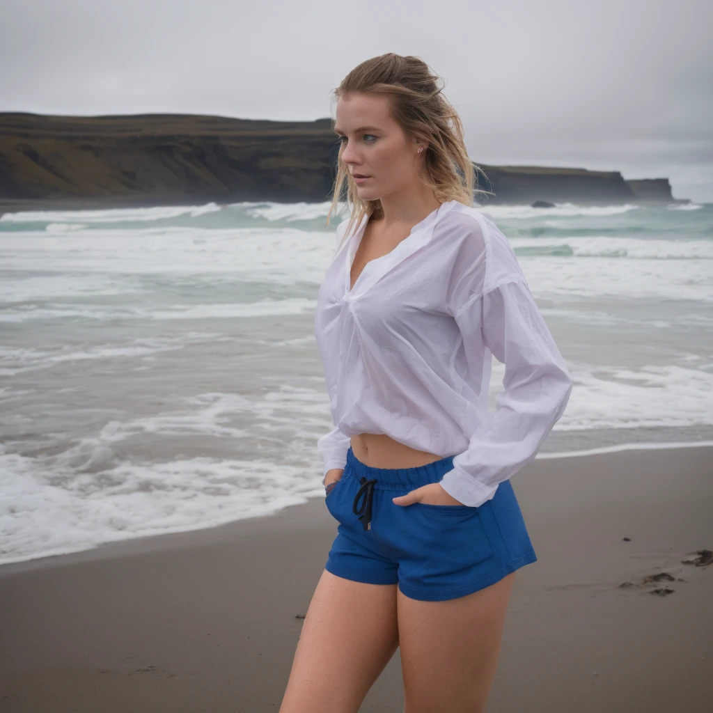 A beautiful picture of a typical icelandic 23 year old woman walking on the beach, high quality, 1 woman solo, attractive face, high resolution, saggy shirt and shorts, cold and wet icelandic weather, cinematic, the focus is more on the woman