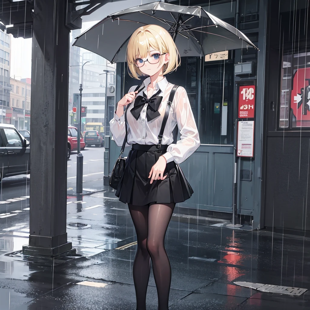 high quality,Short Bob,Glasses,Blonde,Rain-soaked shirt,I can see your underwear,Black mini skirt,Heel,black tights,In town