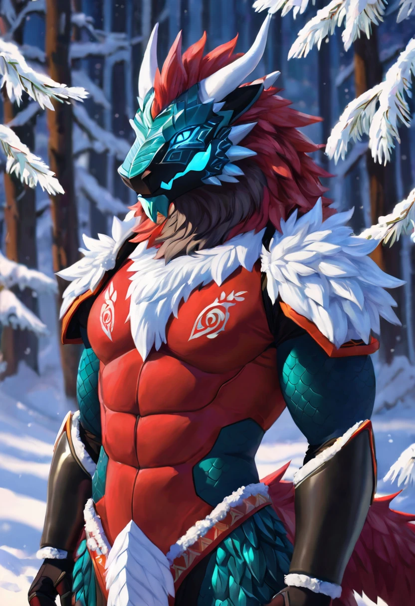 rexouium, open (kitavali, gave), nardoragon, About ten, Wickerbeast, protogen, A long time ago, Awtter, Anime Boy, good lights, good colors, good composition, beststart, aesthetic cartoon, aesthetic muscles, MusclesLegs, portrait, portrait, one person,furry dragon,Good face, dragon, dragon wing, dragon human,Snow forest in the background, one person, no long neck, short neck, human like dragon, short horns,Frost,winter,Snow,christmas