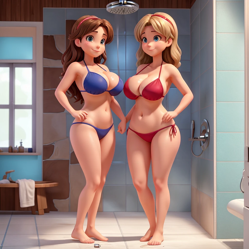 50 year old mom with huge breasts in a small bikini with her 20 year old daughter with huge breasts in a provocative bikini hugging in the shower