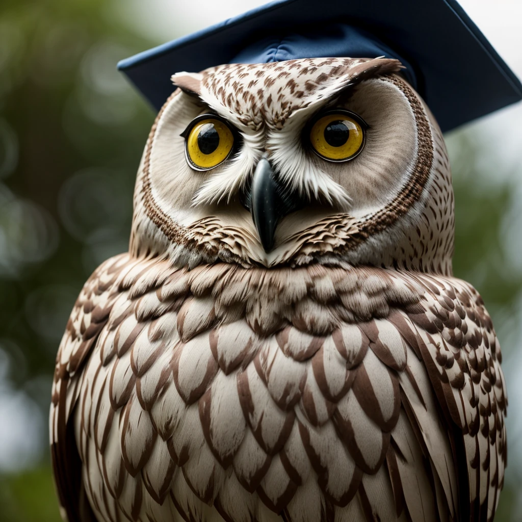 16:9 resolution high-quality realistic photo, an owl-shaped statue with a graduation cap, hyperdetail, ultra hd, 8k