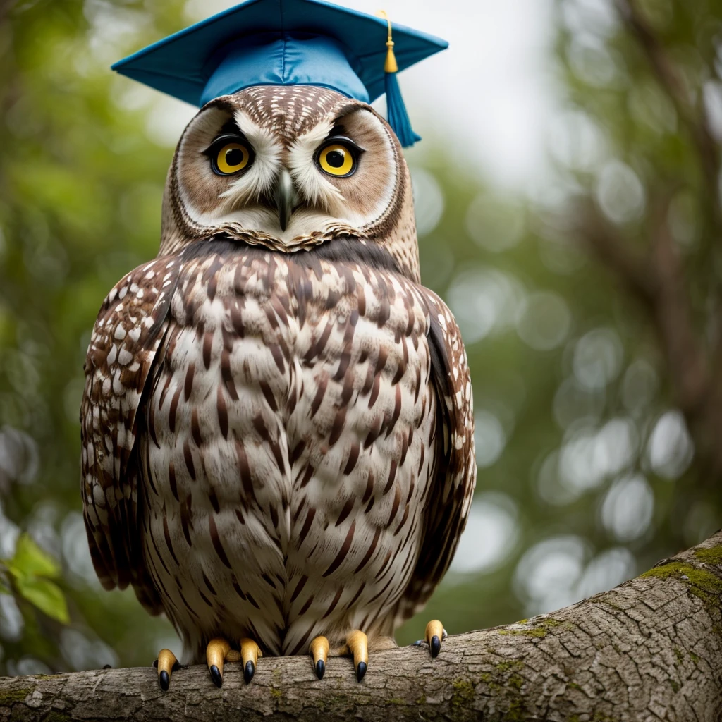 16:9 resolution high-quality realistic photo, an owl-shaped statue with a graduation cap, hyperdetail, ultra hd, 8k