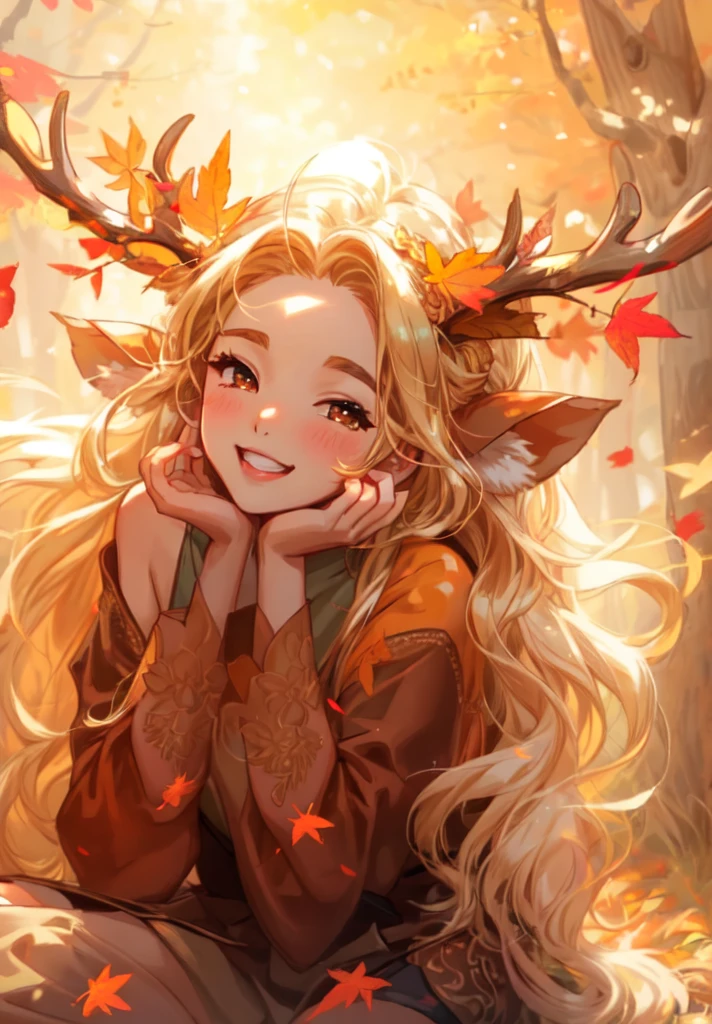 a ((brown skin)) young woman with long blonde hair and a deer antlers on her head, in a forest, 🍁 cute, 🍂 cute, smiling , full length happy,cute, open eye,gold eyes,sitting in the forest beautiful autumn spirit, goddess of autumn, style artgerm, seasons!! : 🌸 ☀ 🍂 ❄, orange and brown leaves for hair, artgerm and rossdraws, anime girl with long hair, extremely detailed artgerm, artgerm and atey ghailan