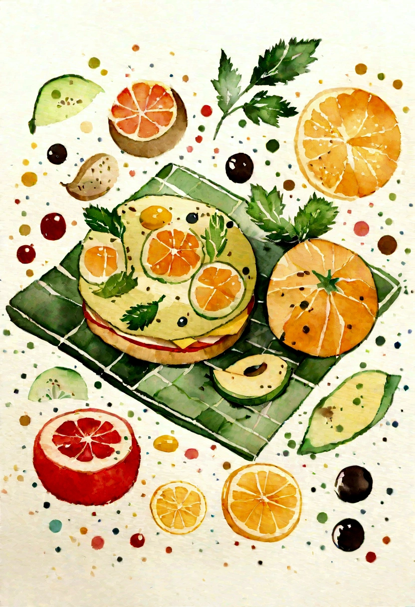 amazing food illustration, illustration, local foods, aquarelle, fruits, watercolor painting style, super realistic food picture, traditional drawing style, water color, watercolor illustration style, drawn image, water colour, aquarel, made of food, food particles