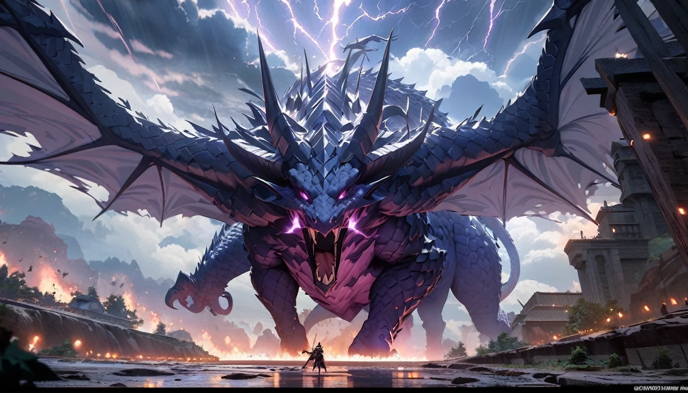 anime aestetics, anime scenery, mythical creature, a storm dragon flying close to the stormclouds, dark blue scales, violet skin, long curvy horns, electric impulses covering the body, epic scene, thunder storm, skyscape, anatomicaly correct, western dragon, dnd, dark fantasy, dungeons and dragons, wide shot, atmospheric perspective, perspective, best quality, highres, HD, 4K, award winning, super detail, accurate, masterpiece, anatomically correct, textured skin