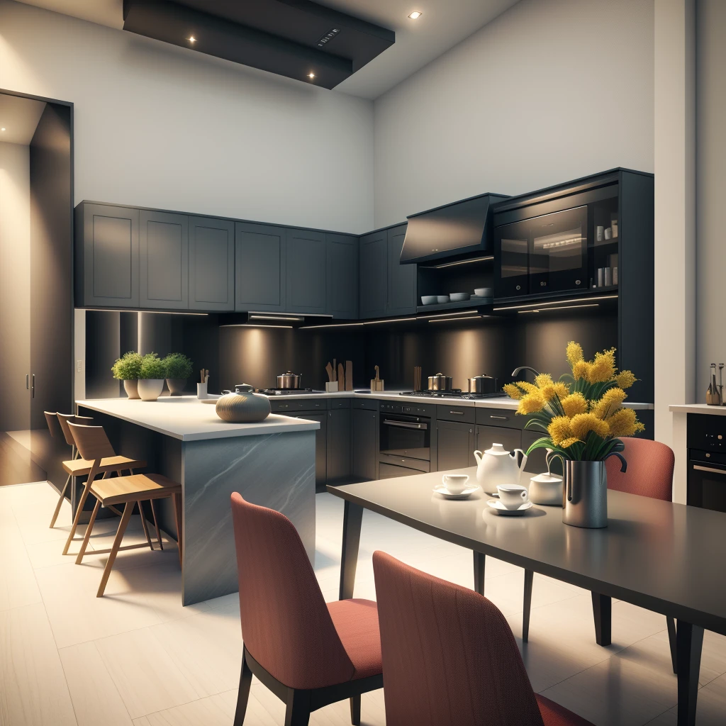 there is a kitchen with a table and chairs in it, highly photographic render, artistic render, excellent 3d render, archviz, exquisite detail, high quality 3 d render, high quality 3d render, award-winning render, rendered in enscape, precise architectural rendering, 3 d rendering, 3d rendering, luxury bespoke kitchen design, a hyper realistic