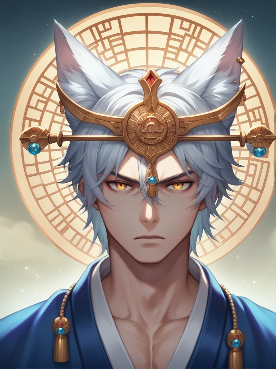 ((Best quality)), ((masterpiece)), (detailed), ((perfect face))、miyabi,a man, Long, flowing silver hair with delicate strands.
Sharp, piercing golden eyes. Fox ears on top of his head.
Serious and slightly mysterious.Pale and smooth.
Wears a robe that is slightly open at the chest, revealing part of his well-defined upper body.
The character exudes a sense of elegance and strength, with a calm and enigmatic aura. The lighting emphasizes his facial features and hair texture, creating a soft, almost ethereal glow.、In an ancient temple, Meditating, Dusk, Symmetrical, Close-up, Dim and mystical, Character's hands, Stone-like, Spiritual, anime style, attractive anime, pixiv fan art