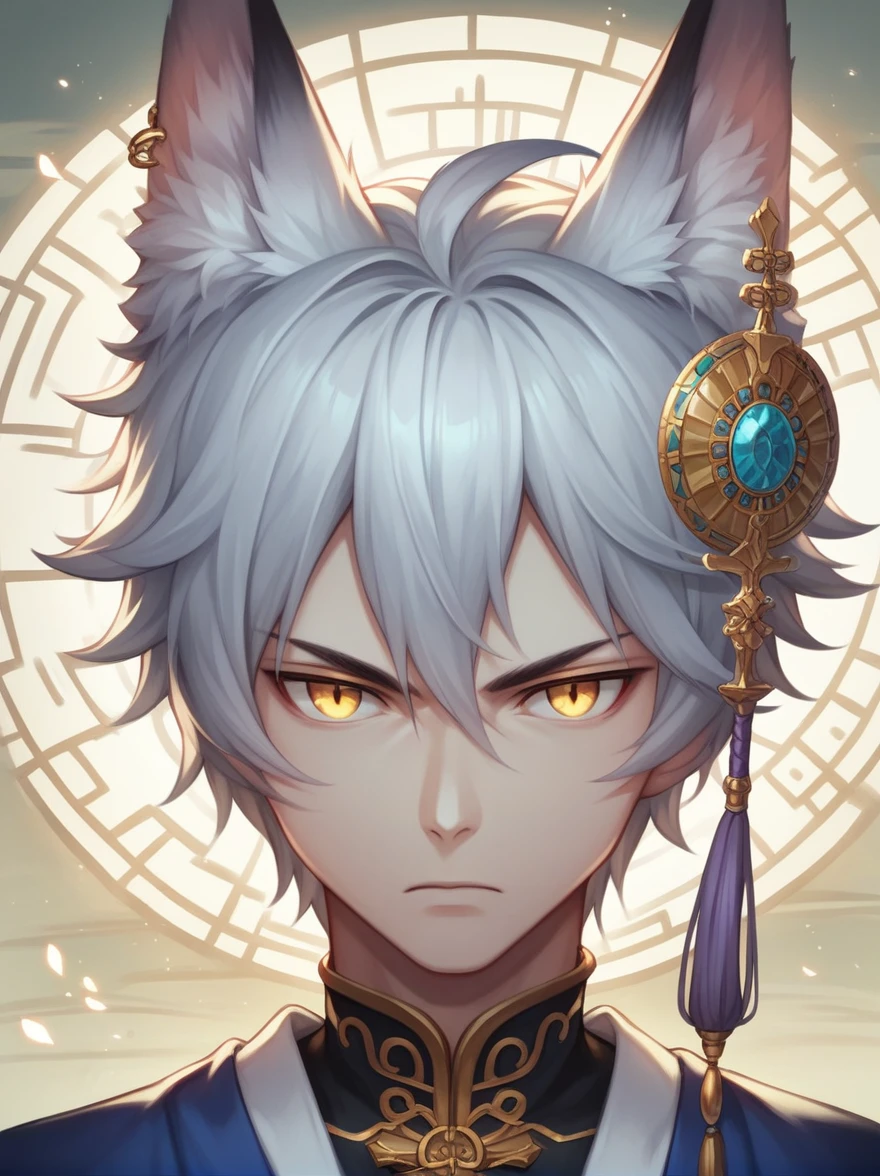 ((Best quality)), ((masterpiece)), (detailed), ((perfect face))、miyabi,a man, Long, flowing silver hair with delicate strands.
Sharp, piercing golden eyes. Fox ears on top of his head.
Serious and slightly mysterious.Pale and smooth.
Wears a robe that is slightly open at the chest, revealing part of his well-defined upper body.
The character exudes a sense of elegance and strength, with a calm and enigmatic aura. The lighting emphasizes his facial features and hair texture, creating a soft, almost ethereal glow.、In an ancient temple, Meditating, Dusk, Symmetrical, Close-up, Dim and mystical, Character's hands, Stone-like, Spiritual, anime style, attractive anime, pixiv fan art