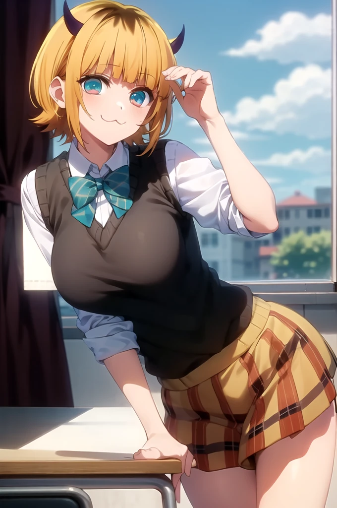 best quality, masterpiece, detailed,
memcho,
closed mouth, :3, smile,
short hair, blonde hair, multicolored hair, aqua eyes, blunt bangs, horns,
, sweater vest, collared shirt, sleeves rolled up, brown skirt, bowtie,
standing, looking at the viewer, leaning forward, grabs breasts、
classroom、Huge breasts:1.5