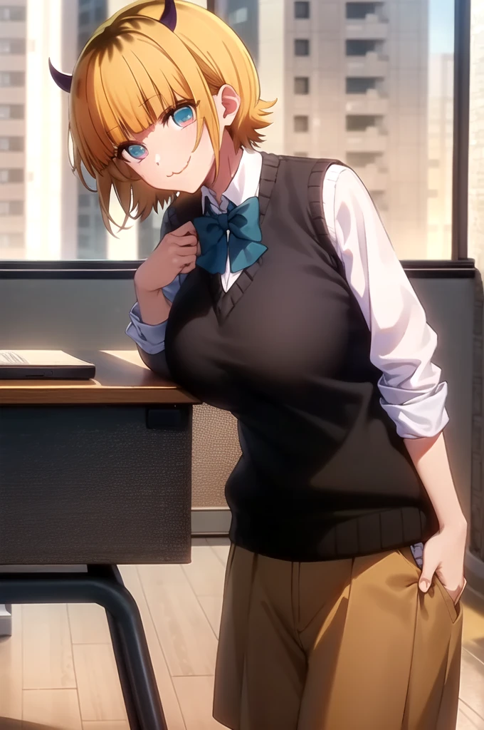 best quality, masterpiece, detailed,
memcho,
closed mouth, :3, smile,
short hair, blonde hair, multicolored hair, aqua eyes, blunt bangs, horns,
, sweater vest, collared shirt, sleeves rolled up, brown skirt, bowtie,
standing, looking at the viewer, leaning forward, grabs breasts、
classroom、Huge breasts:1.5