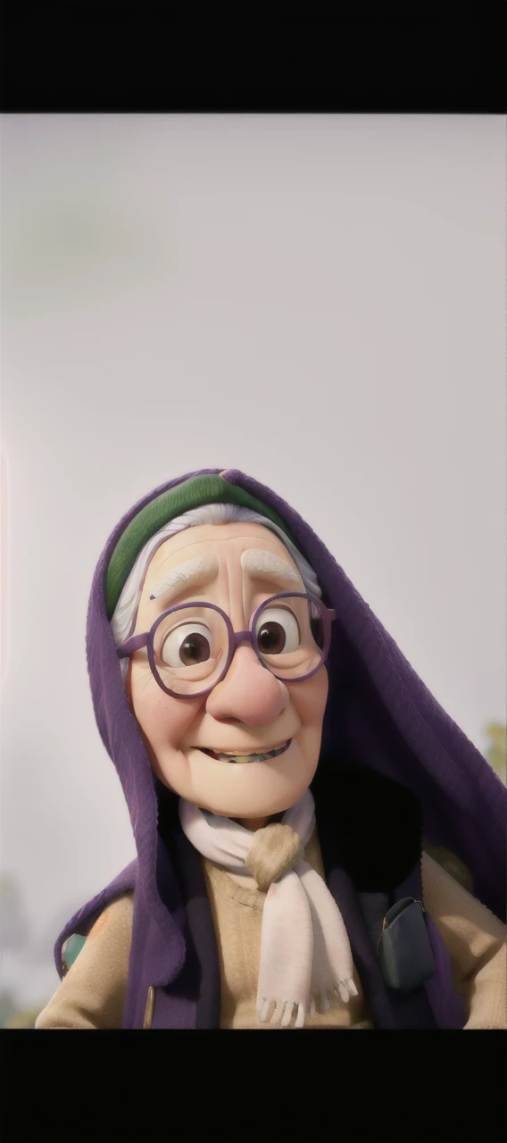 masterpiece, best quality, an old woman with glasses and a scarf on, wearing a purple coat and green scarf, standing at the park