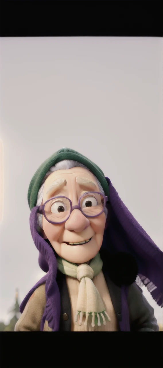 masterpiece, best quality, an old woman with glasses and a scarf on, wearing a purple coat and green scarf, standing at the park