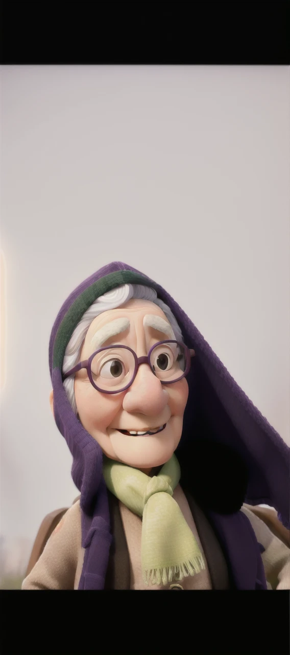 masterpiece, best quality, an old woman with glasses and a scarf on, wearing a purple coat and green scarf, standing at the park