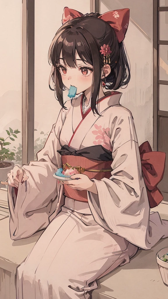 Under、Girl eating shaved ice、Pink kimono