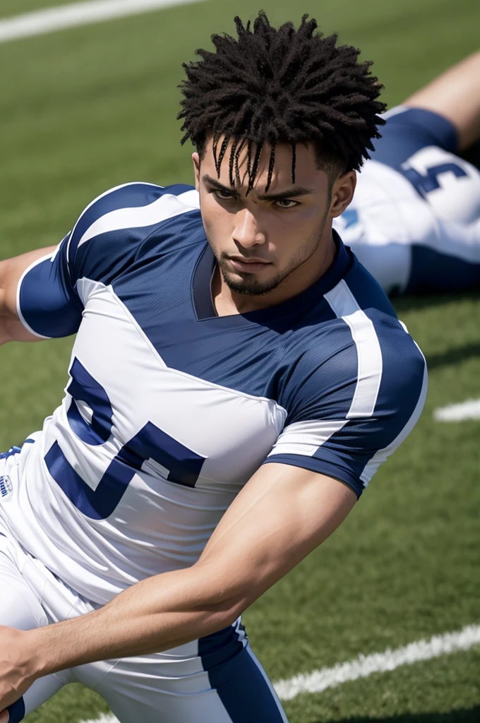 Football player man, Defender, shirt 4, making an extraordinary save on the field!