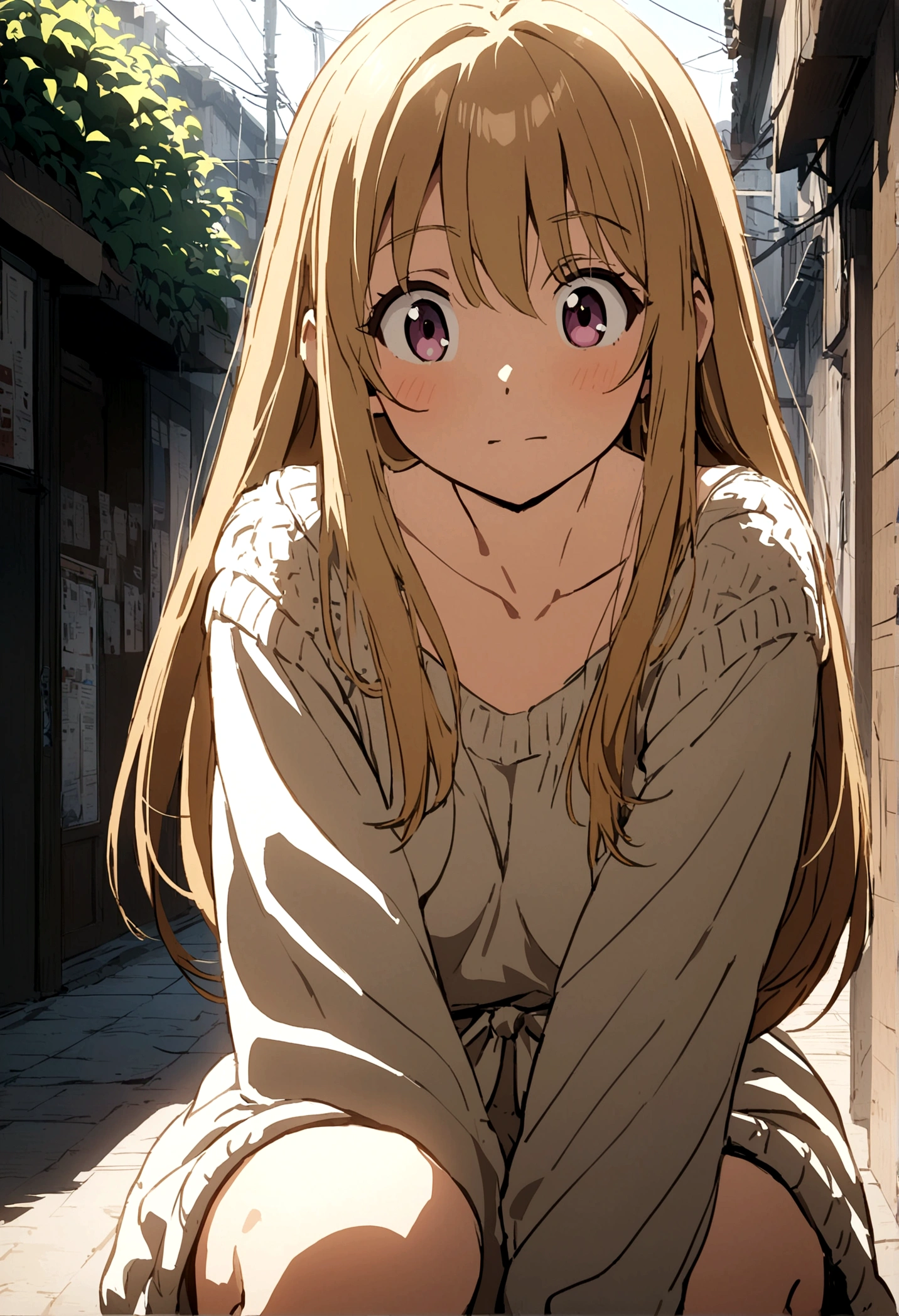 anime girl with waist length hair wearing a large sweater down to her knees