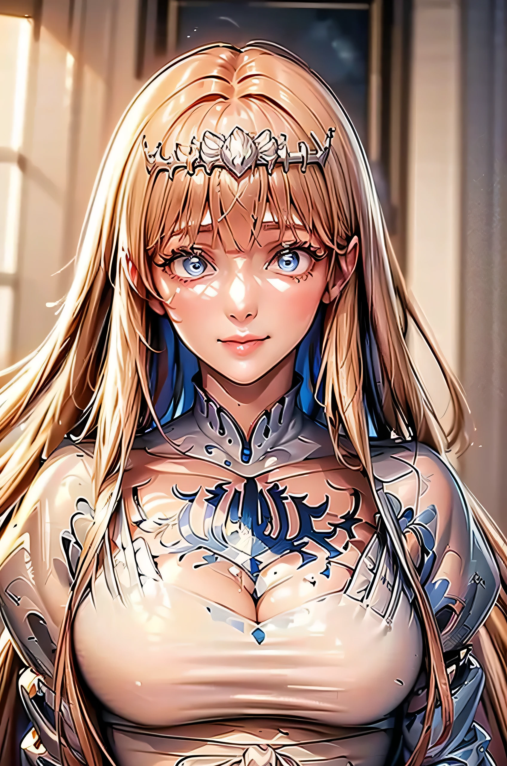 best quality, masterpiece, highly detailed,1girl, (masterpiece:1.5), Detailed Photo, Smiling, (8K, Best Quality: 1.4), (1girl), Beautiful Face, (anime realistic Face), Realistic eyes, beautiful detail eyes, (white skin), beautiful skin, absurd, attractive, ultra-high resolution, ultra-realistic, high definition, golden ratio,, Pinkish white skin, cool white light, sexy pose, Beautiful, pink soft white light, 1girl, solo, Calca, Calca Bessarez, blonde hair, extremely long hair, very long hair, white tiara, silver tiara, white dress, blue eyes, medium chest,