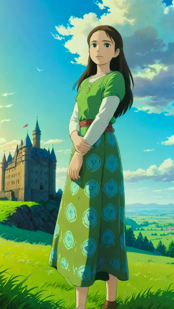 A woman in a green dress standing in front of a castle - SeaArt AI