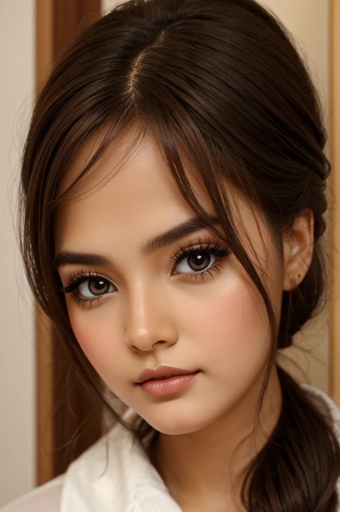 bythle doll.. Brown eyes, brown hair, White skin, long eyelashes, medium lips