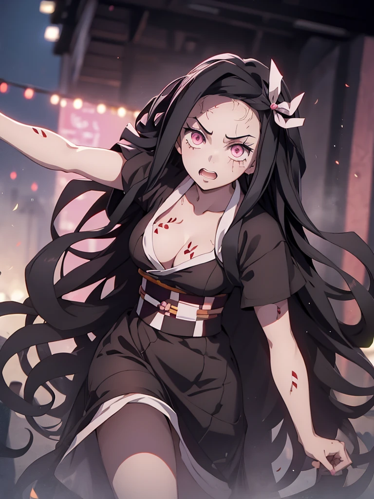 Nezuko, 1girl, wearing a black colour party frock, plain black colour, at a night party, 8k, high detailed, high quality
