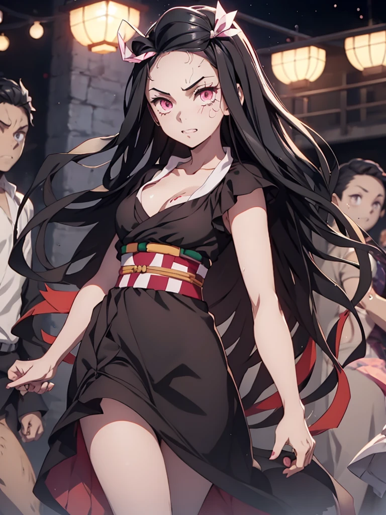 Nezuko, 1girl, wearing a black colour party frock, plain black colour, at a night party, 8k, high detailed, high quality
