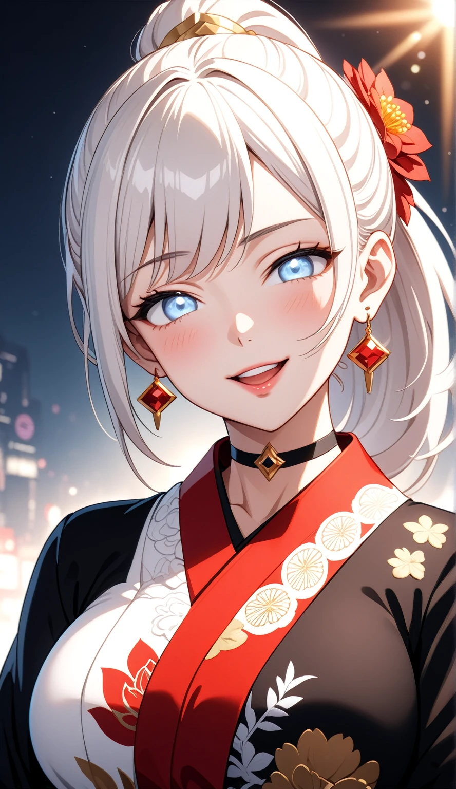 ((One personの女性)), Beautiful Face, (Laughing embarrassedly), (laugh:1.2),((Wink:1.9)), (head tilt:1.3), Laugh with your mouth wide open, upper teeth, looking down at viewer, ((Bright red cheeks:1.4)),Glossy Red Lips,rooftop, firework, Glossy red lips, Shining Face, ((Anime style background)),masterpiece, Highest quality, so beautiful,up to date, Complex details, (Pink long nails),(ring),(bracelet),(Floral choker),AI-generated, Complex,High resolution, Highest quality, super high quality,3D Images、3D Images,One person,Long white hair,High Ponytail, Anime woman posing for a photo,(blue eyes), ((Fine grain、Silvery white, lightly pigmented eyes、Shining Eyes:1.4)), (Squint your eyes:1.1),a hyperRealistic , hyperRealistic , Realistic,Anime woman with long white hair, Smooth anime CG art, A woman in a colorful kimono with gold embroidery, (Black long sleeve kimono),Red floral pattern,Long flower hair ornament,Earrings,Mature Body,(Big Breasts:1.1),Tall,Abdominal muscles,Tight waist,(Zoom up to face:1.5), (front view),