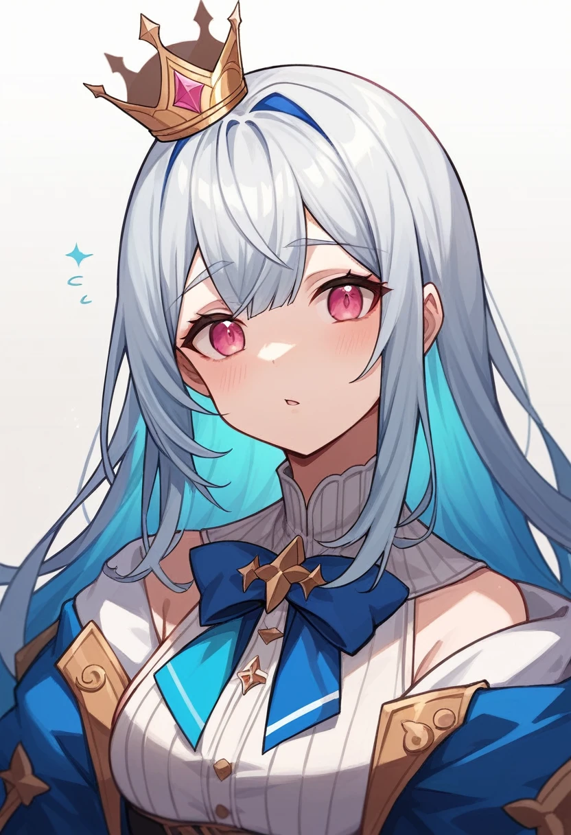 Lize Helesta(Nijisanji)Long Hair Girl,Pure white hair,Blue inner hair,The bangs are thick and cut above the eyebrows.,Gold crown,Deep pink eyes,Silk clothing,Blue and white outfit,Light blue ribbon around the neck,Childish face