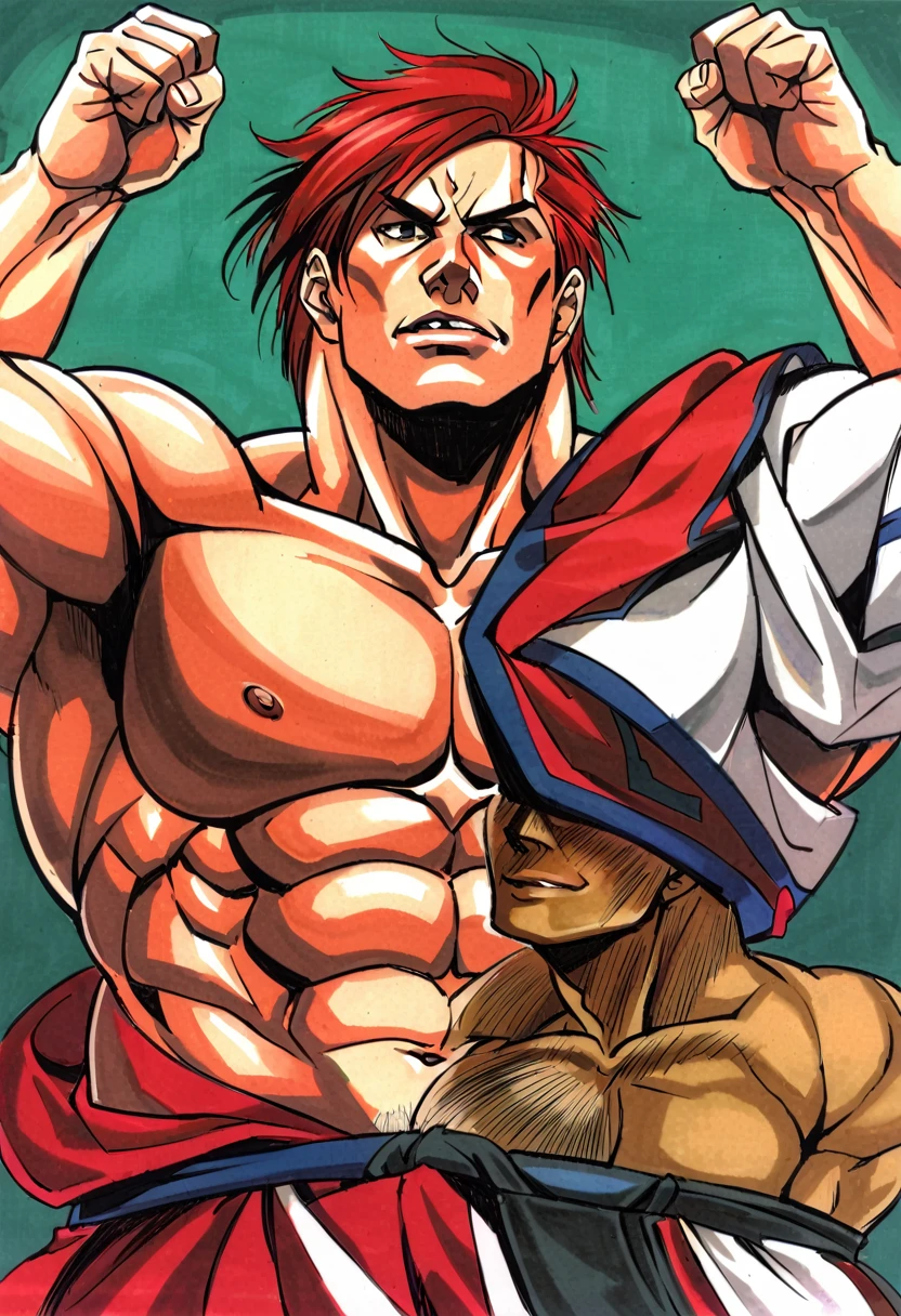 there is a man with red hair and a cross on his chest, muscular!!, muscular character, anime handsome man, in billy herrington body, naoki ikushima, muscular!, muscular male, muscular male hero, beefcake pose, muscular!!!, muscular! fantasy, mid-shot of a hunky, genzoman, fairly muscular, topless