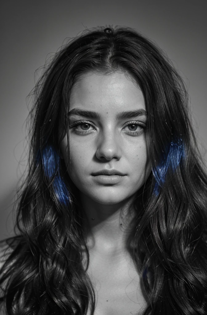 Elegant monochrome portrait, detailed wavy hair, naked , soft facial features, chiaroscuro lighting, high contrast shadows, grayscale tones, expressive eyes, intricate hair texture, minimalist background, captivating expression, black and white color scheme, high-resolution, emotional depth, by Alex Garant,By XAHEER ., illustration