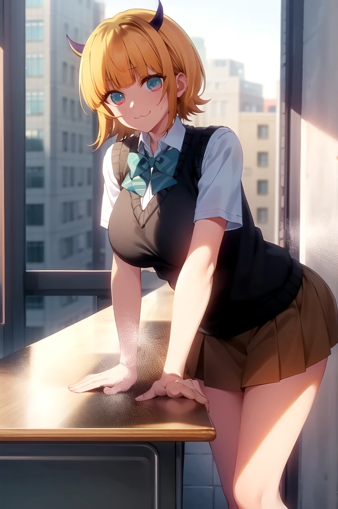 best quality, masterpiece, detailed,
memcho,
closed mouth, :3, smile,
short hair, blonde hair, multicolored hair, aqua eyes, blunt bangs, horns,
, sweater vest, collared shirt, sleeves rolled up, brown skirt, bowtie,
standing, looking at the viewer, leaning forward, grabs breasts、
classroom、Huge breasts:1.5、Leaning forward、ass pov