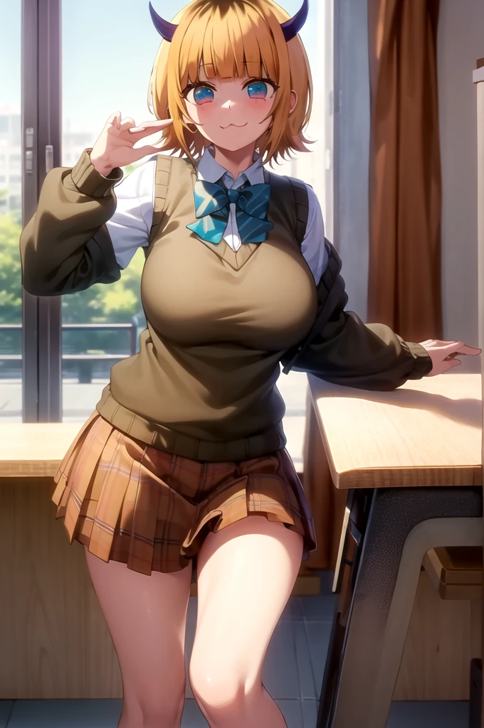 best quality, masterpiece, detailed,
memcho,
closed mouth, :3, smile,
short hair, blonde hair, multicolored hair, aqua eyes, blunt bangs, horns,
, sweater vest, collared shirt, sleeves rolled up, brown skirt, bowtie,
standing, looking at the viewer, leaning forward, grabs breasts、
classroom、Huge breasts:1.5、Leaning forward、ass pov