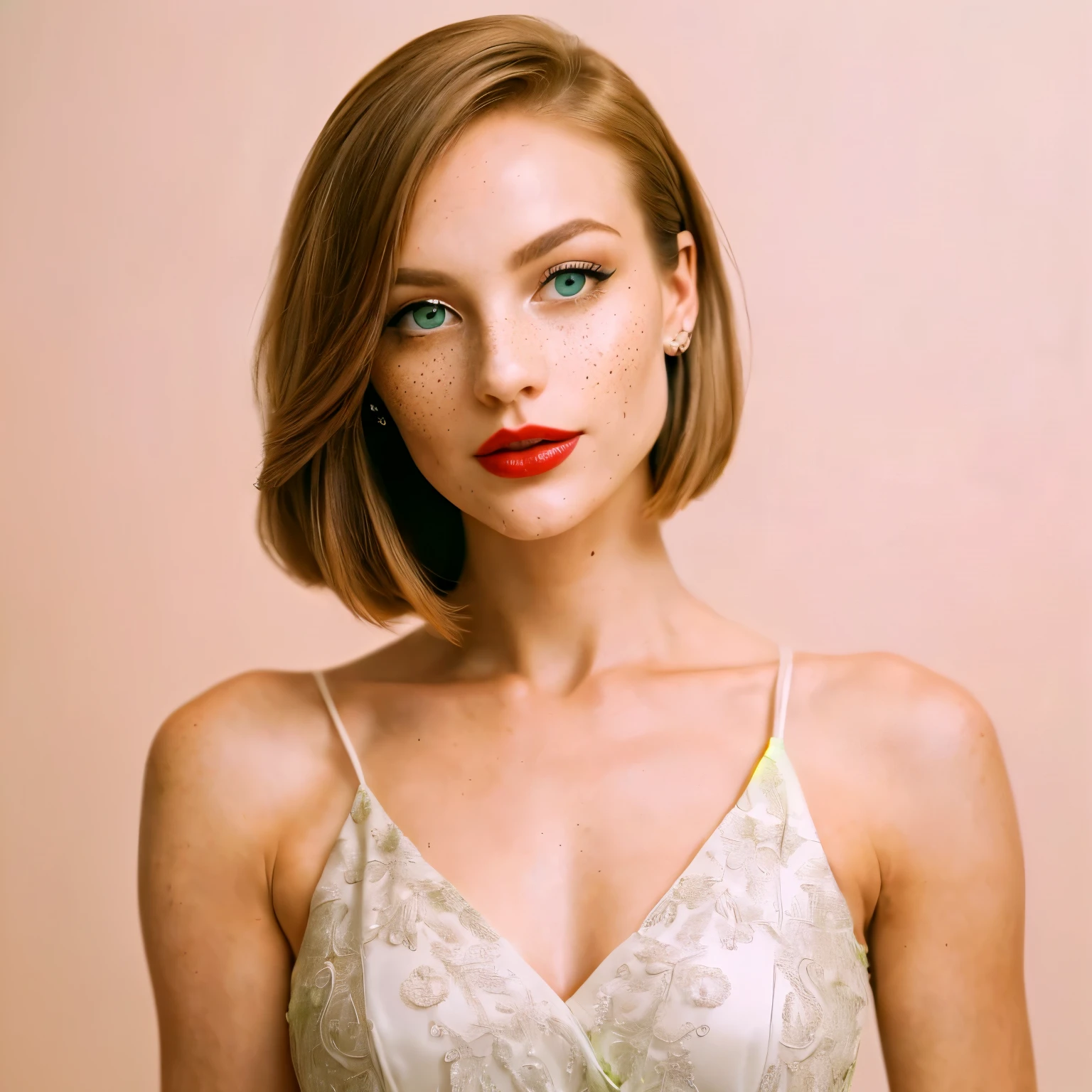 (perfect photography focus), (true depth), (red lipstick), (((delicate neck and shoulder bones))), Generate an image of a confident and elegant woman, capturing her beauty and grace in a professional photography essay style. (((The focus should be on her upper body))), highlighting her large, well-proportioned breasts with a natural and realistic appearance. (((light green eyes))), (heavy makeup), large breast, (siliconed tits), (((sensual but not exaggerated pose for the camera) drawing the viewer in with their intensity and depth. Ensure that her skin is flawless, with intricate details such as subtle freckles, smooth texture, and a healthy glow. The lighting should be soft and flattering, accentuating her features and creating a sense of depth and dimension. The overall composition should be balanced and visually appealing, with a tasteful and respectful approach that celebrates the subject's beauty and strength