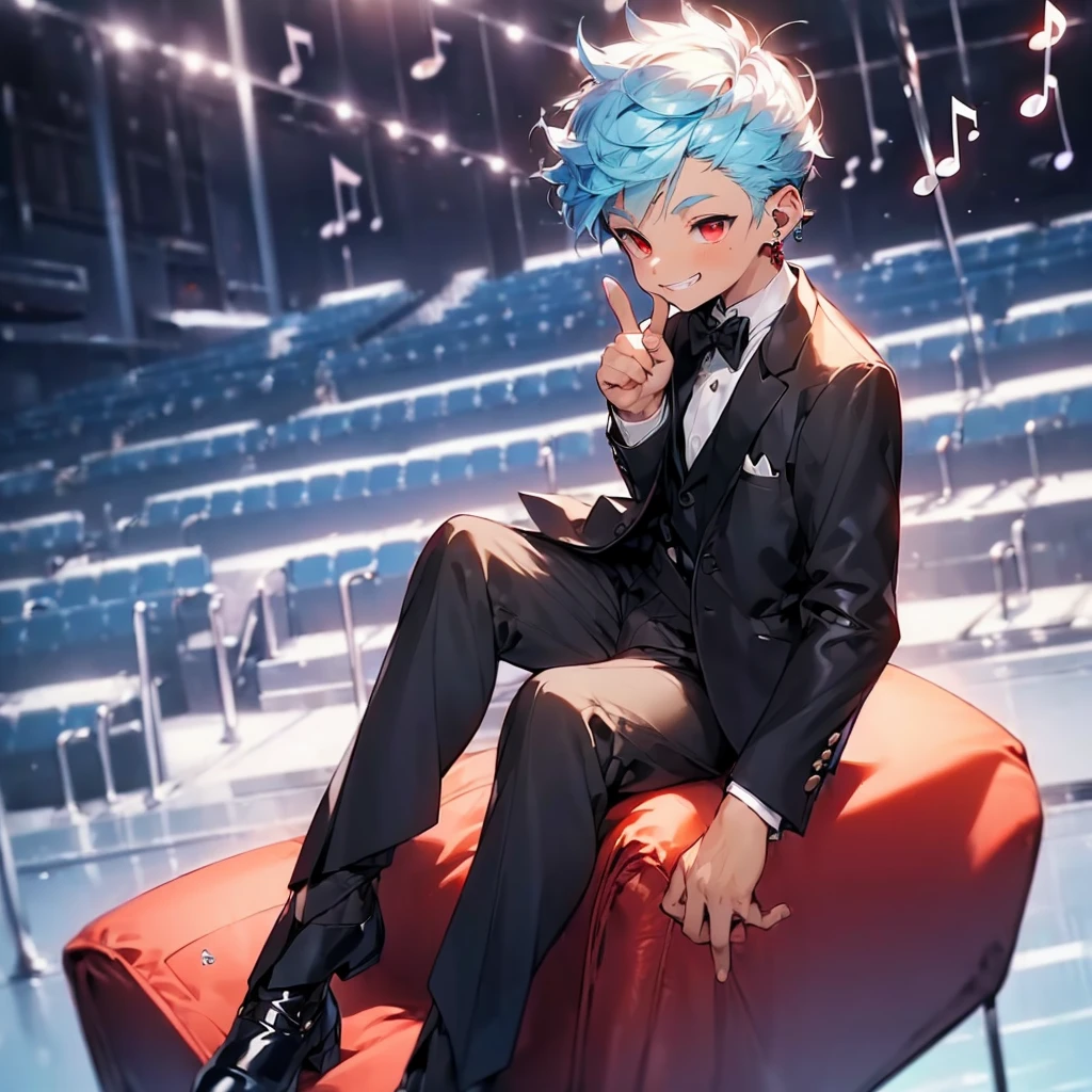 (solo:2.5), (boldline:-1.7), (put index finger on mouth:1.5), (floating musical notes:1.7), (sitting on red chair:1.5), (((fang))), (((best finger))), BREAK (best quality:1.5), (absolutely resolution:1.5), (ultra detailed:1.5), (masterpiece:1.5), (perfect face), (detailed face), (detailed eyes:1.3), (best eyes), (cute face), (shota:2), BREAK (tuxedo:1.5), (bulge:1.6), (skinny:1.3), BREAK (light blue hair:1.5), (spiked hair), (wine red eyes:1.4), (eyes with highlight:1.6), ((mole under eye)), (sweaty skin), (grin:1.5), ((earrings)), (shiny skin:1.3), BREAK (concert hall:1.5), (spot light:1.3), (at concert), (many people), ((wind blowing)), frow below, (upper body),