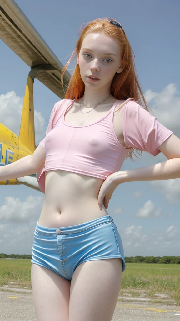 from below a 16 y.o. trashy girl,  ginger girl very pale skin full of freckles, pink, blue, yelow... top and miniskirt,very thin, very very large puffy ears, big long nose,flat stomach, recording at abandoned airport full of abandoned airplanes, dynamic poses,

