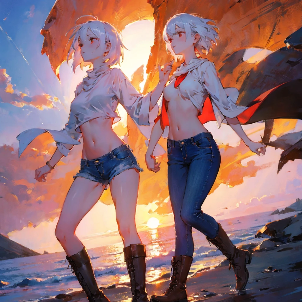 1girl, white hair, short hair, (red eyes), light smile, white top, (padded jacket), (bare belly), blue jeans, leather boots, (sunset), shibuya, beautiful lighting, masterpiece, best quality, low-angle shot, 8k.
