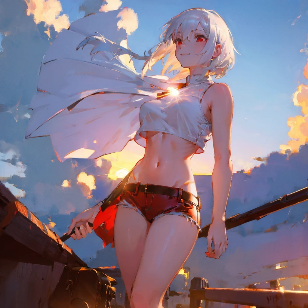1girl, white hair, short hair, (red eyes), light smile, white top, (padded jacket), (bare belly), blue jeans, leather boots, (sunset), shibuya, beautiful lighting, masterpiece, best quality, low-angle shot, 8k.