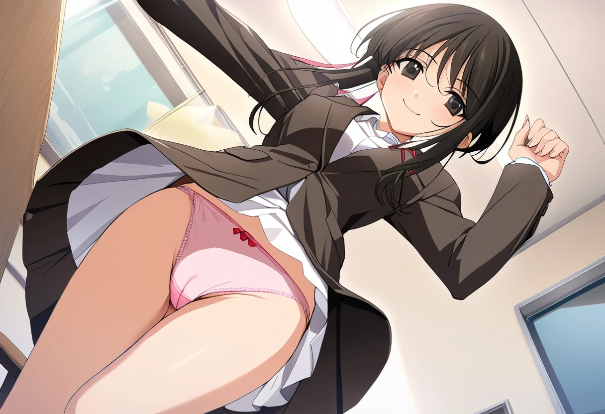 One girl,((Tsubame)),smile、Gentle expression、Welcome、The whole body is shown、classroom、suit、teacher、panty shot,upskirt,Sexy pose、Pink string panties、from below,A complete depiction of the human body,masterpiece, Highest quality, Game CG, ultra detailed、highres、extremely detailed CG