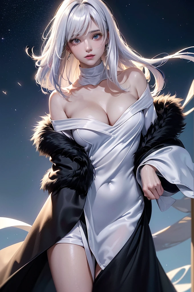 ((masterpiece:1.5、8K、Tabletop、フォトリアリスティックでVery detailedなCG、Very detailed、Particle Effects、Dynamic Effects、Shallow depth of field、Cinematic Light、Lens flare、Ray Tracing、Tabletop、Realistic:1.4、Ultra-high resolution:1.2、Realistic、Realistic))((alone、,A woman wearing a black fur coat over an off-the-shoulder sweater:1.4、Elegant woman posing、Detailed face、bright表情、young, bright, Whiter skin、medium breasts、Beautiful cleavage、Best Looks、Asian、Ultimate beauty、bright and shiny hair,、Super long, Silky straight hair、Hair dancing in the wind))(spectacular night sky、White Nights、Fantastic starry sky)((White hair with shiny highlights))