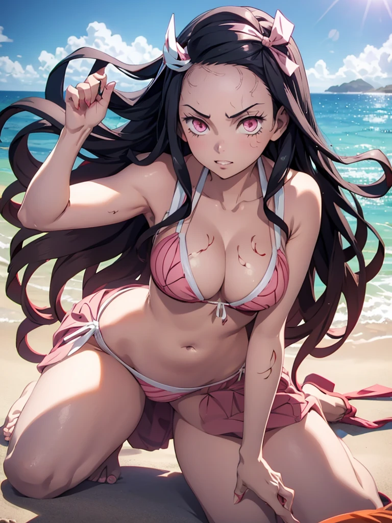 Nezuko, 1girl, wearing a sexy bikini, at a beach, 8k, high detailed, high quality