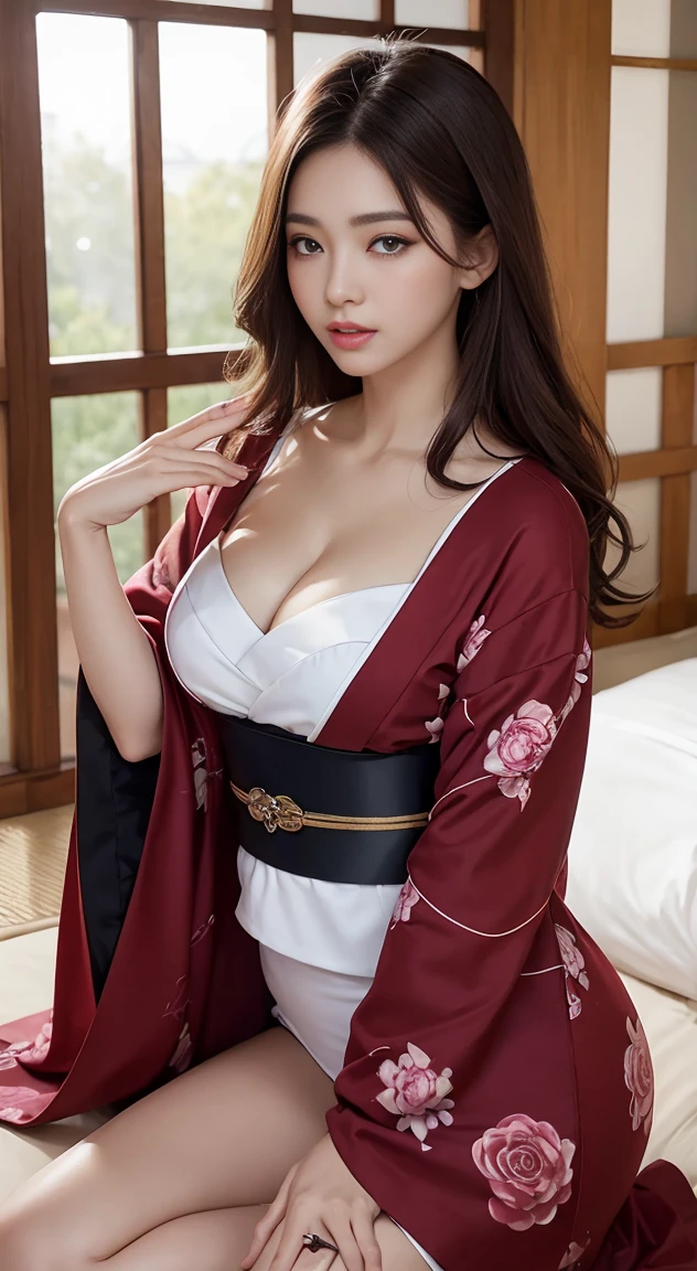 ((top-quality, 8K, tmasterpiece: 1.3)), big breasts beautiful, 1 filipina woman, bigger: 1.3, Slim abs: 1.1, long wavy dark brown hair, (Wearing kimono Moaning Yawning seductively, 1 hand pleasuring herself, Eyes rolling, spread their legs: 1.2), Ultra-detailed face, Highly detailed lips, Yawning, A detailed eye, double eyelid