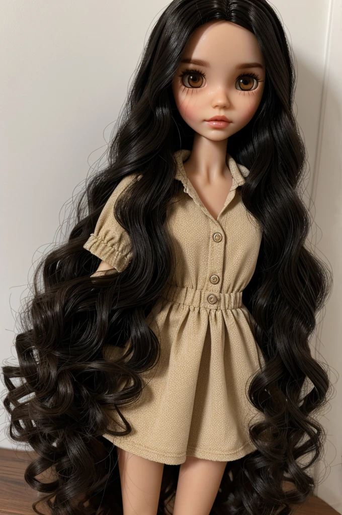 blythe doll with wavy long black hair and brown eyes