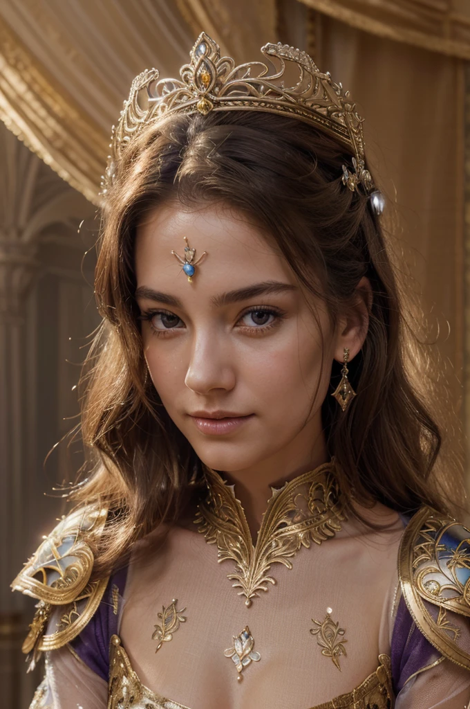 (best quality,4k,highres,masterpiece:1.2),ultra-detailed,(realistic,photorealistic,photo-realistic:1.37),princess,19-year-old,breathtakingly beautiful detailed face and smile, princess dressed as a medieval knight with intricate knight armor, vibrant colors, captivating lighting, stunningly detailed knightly attire, majestic castle backdrop, regal ambiance, confident and graceful posture, enchanting expression, ornate sword, ethereal atmosphere, youthful charm, confident eyes, flowing golden hair, dewy skin, delicate features, elaborate facial details, elegant knight's helmet, radiant light illuminating the face, intricate embroidery on the knight's armor, dreamlike setting, princess embracing her identity as a knight, gorgeously ornamental helmet, shimmering reflections on armor, magical aura, soft and ethereal glow, royal authority, nobility, twilight sky with hues of purple and gold, proud and determined stance, extraordinary attention to detail, fairytale-like charm, youthful innocence, mythical princess warrior