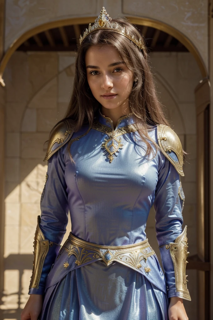 (best quality,4k,highres,masterpiece:1.2),ultra-detailed,(realistic,photorealistic,photo-realistic:1.37),princess,19-year-old,breathtakingly beautiful detailed face and smile, princess dressed as a medieval knight with intricate knight armor, vibrant colors, captivating lighting, stunningly detailed knightly attire, majestic castle backdrop, regal ambiance, confident and graceful posture, enchanting expression, ornate sword, ethereal atmosphere, youthful charm, confident eyes, flowing golden hair, dewy skin, delicate features, elaborate facial details, elegant knight's helmet, radiant light illuminating the face, intricate embroidery on the knight's armor, dreamlike setting, princess embracing her identity as a knight, gorgeously ornamental helmet, shimmering reflections on armor, magical aura, soft and ethereal glow, royal authority, nobility, twilight sky with hues of purple and gold, proud and determined stance, extraordinary attention to detail, fairytale-like charm, youthful innocence, mythical princess warrior